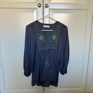 Lucky Brand Blue Embellished V-Neck Blouse